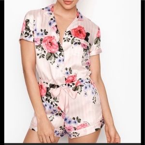 Victoria Secret Sleep Collection Satin Pink Floral Stripe Romper Pajamas XS